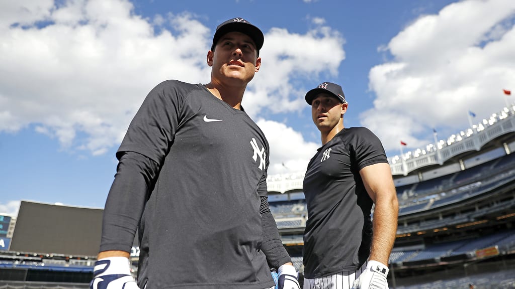 Day 1 in pinstripes was a blur for Anthony Rizzo (left) and Joey Gallo. Both grew up rooting for the Yankees, and both left-handed sluggers have been selected to multiple All-Star Games, so heading to the Bronx at the Trade Deadline was a dream scenario for the players -- and for the New York fans craving reinforcements. (Credit: New York Yankees)