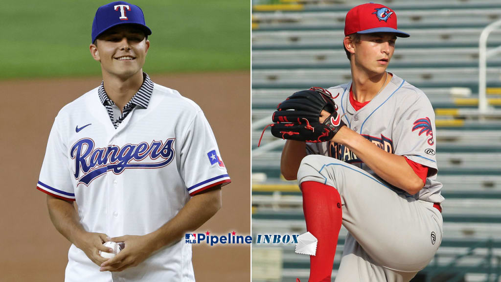 The Texas Rangers 2021 top draft pick Jack Leiter waits to throw