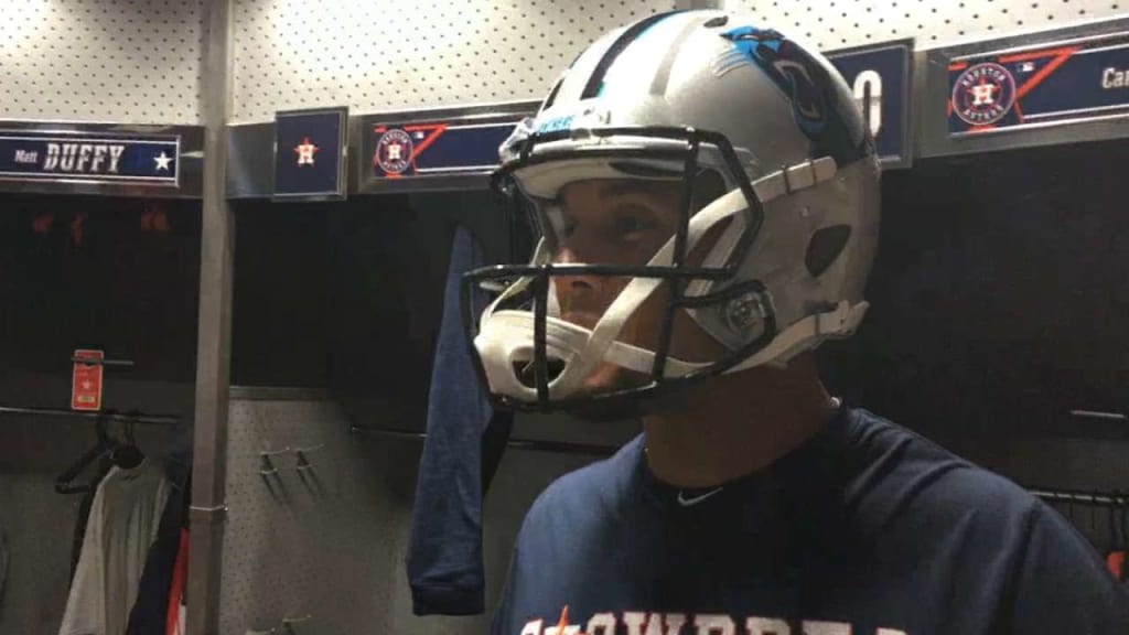astros football helmet Astros keep it loose in the clubhouse by wearing football helmets for  interviews