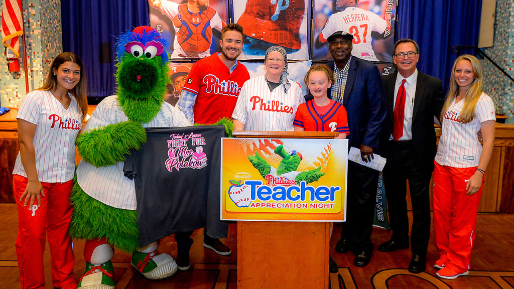 The Phillies surprised Mary Polakow during an emotional assembly held in her honor. (Miles Kennedy/Phillies)