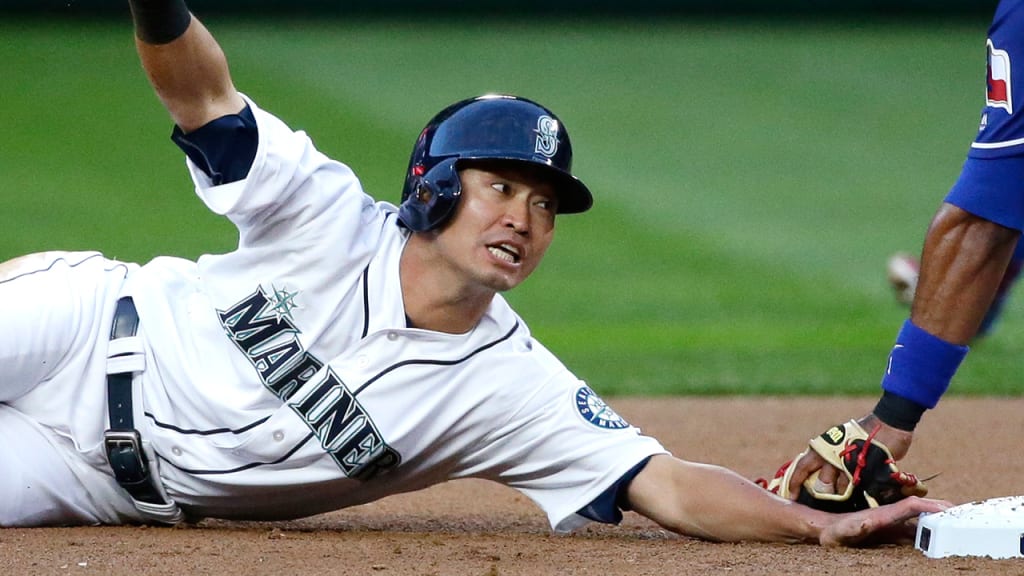 Norichika Aoki was ruled out as he attempted to steal second base against the Rangers on Monday.