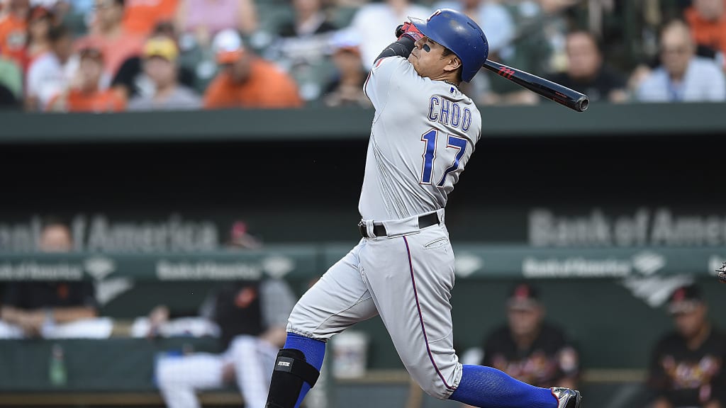Texas Rangers' Shin-Soo Choo follows through at bat against the Baltimore Orioles in the eighth inning of a baseball game, Saturday, July 14, 2018, in Baltimore. The Orioles won 1-0. (AP Photo/Gail Burton)