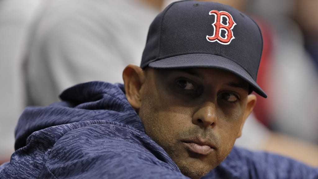 Boston Red Sox manager Alex Cora during the first inning of a baseball game against the Tampa Bay Rays Sunday, April 1, 2018, in St. Petersburg, Fla. (AP Photo/Chris O'Meara)