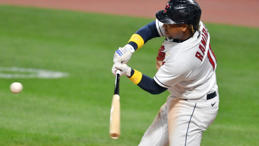 Cleveland Indians' Jose Ramirez (11) bats against the Los Angeles