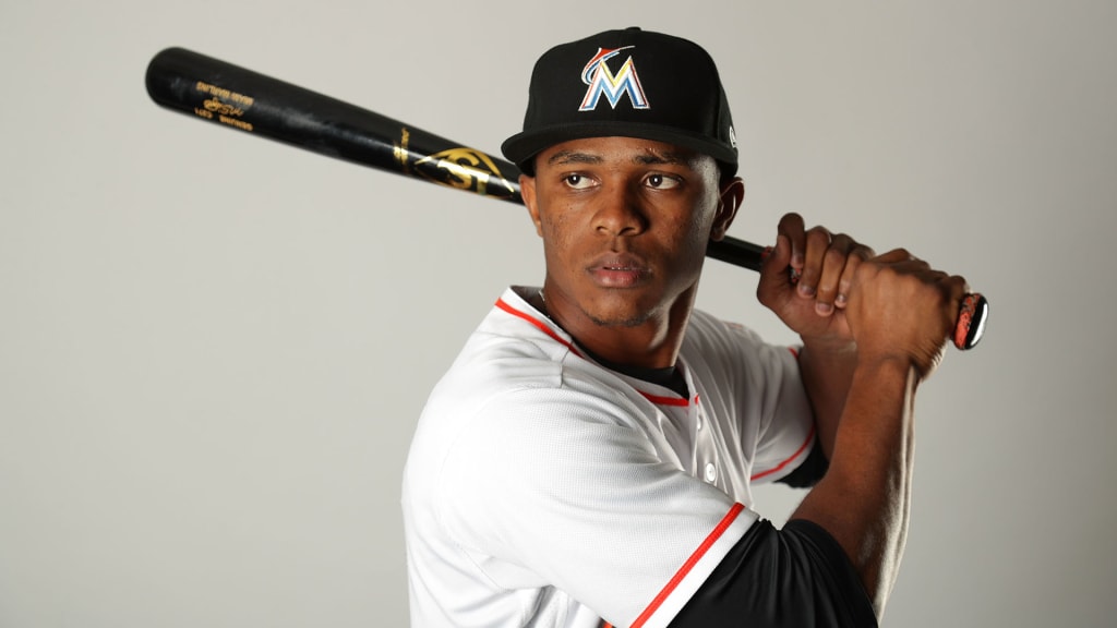JUPITER, FL - FEBRUARY 22: Magneuris Sierra #34 of the Miami Marlins poses for a portrait at The Ballpark of the Palm Beaches on February 22, 2018 in Jupiter, Florida. (Photo by Streeter Lecka/Getty Images)
