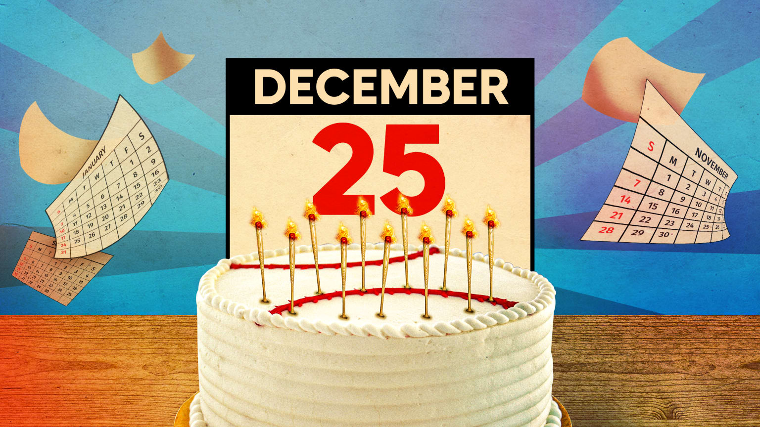 A birthday cake with a calendar showing December 25 on top of it