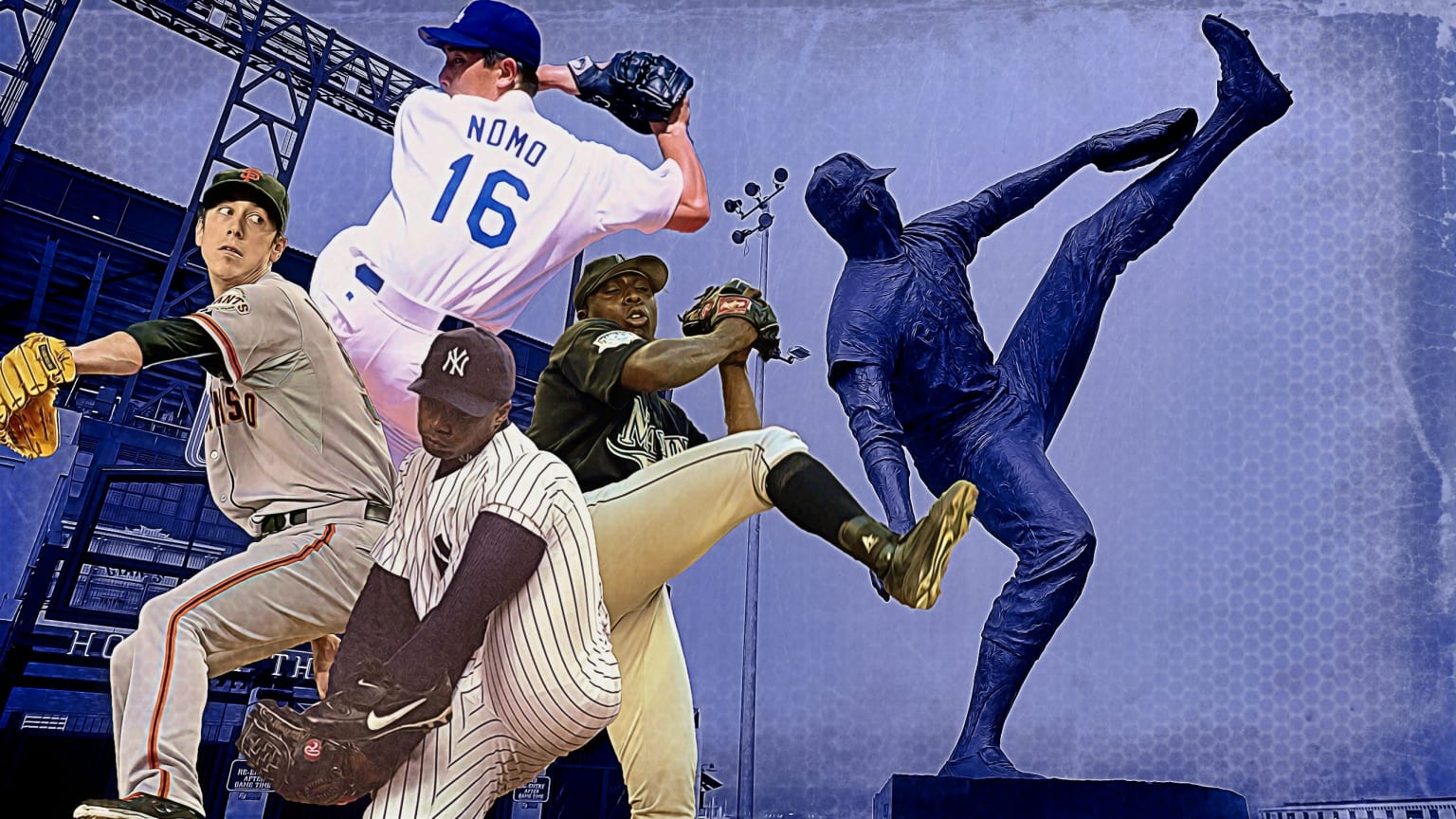 A photo illustration shows five pitchers in the middle of their windups