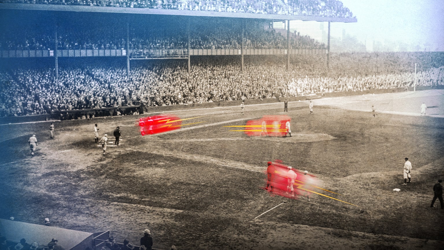 A black-and-white image of a baseball game with several players highlighted in red with lightning bolts to represent speed