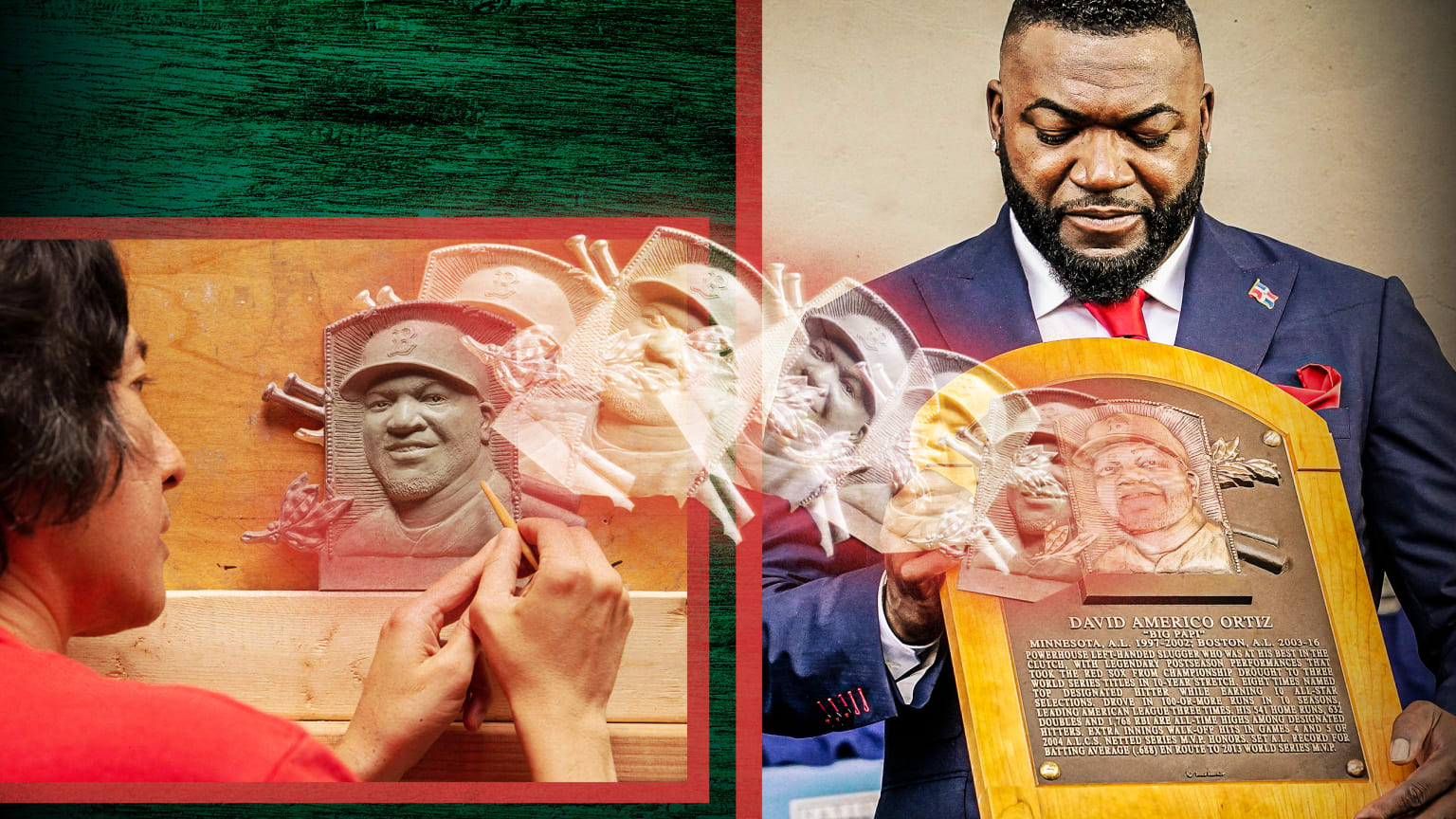 A composite image showing a sculptor working on the plaque depiction of David Ortiz, with that image appearing to float to the right into place on the plaque held by Ortiz