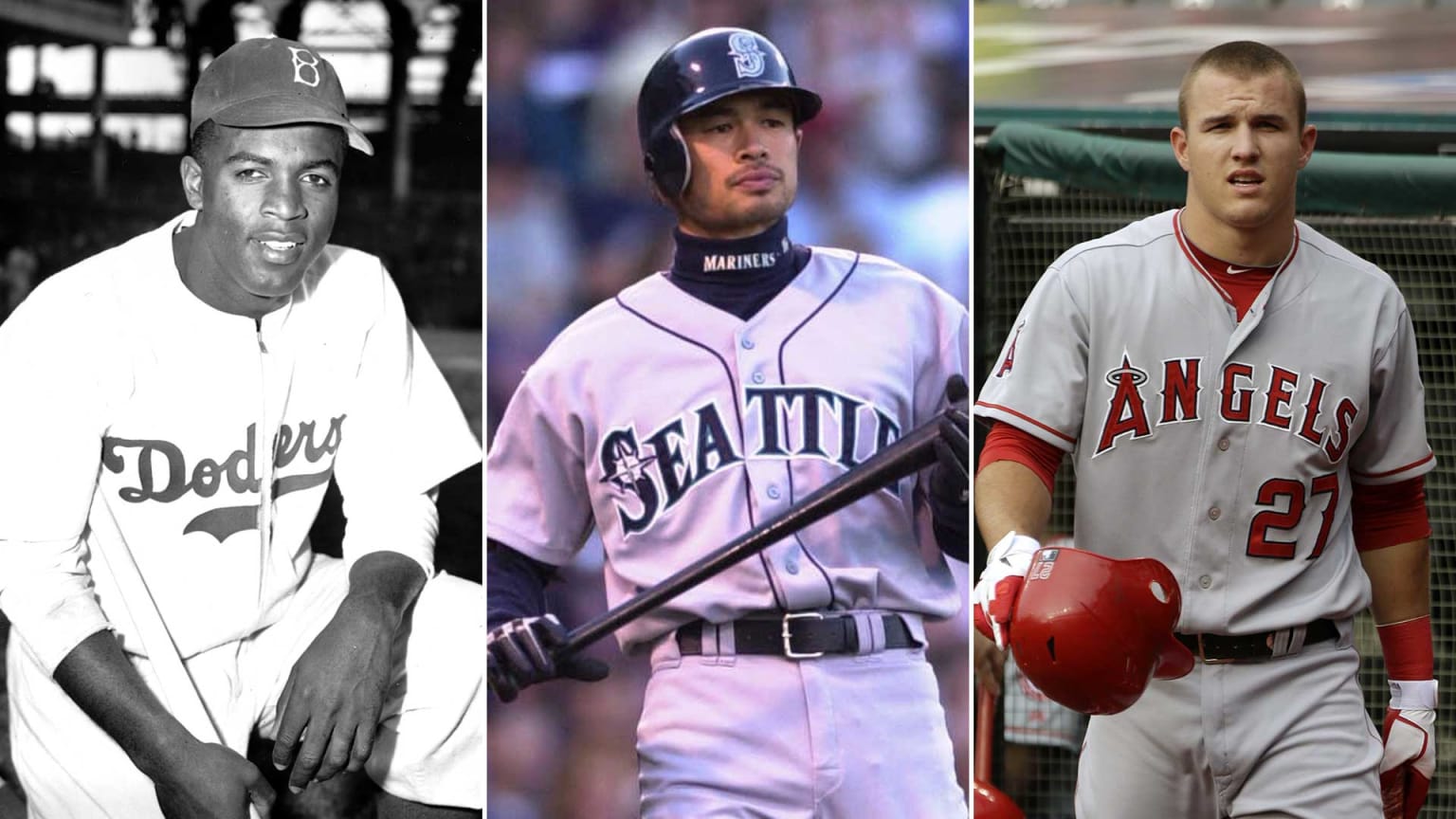 Images of Jackie Robinson, Ichiro Suzuki and Mike Trout