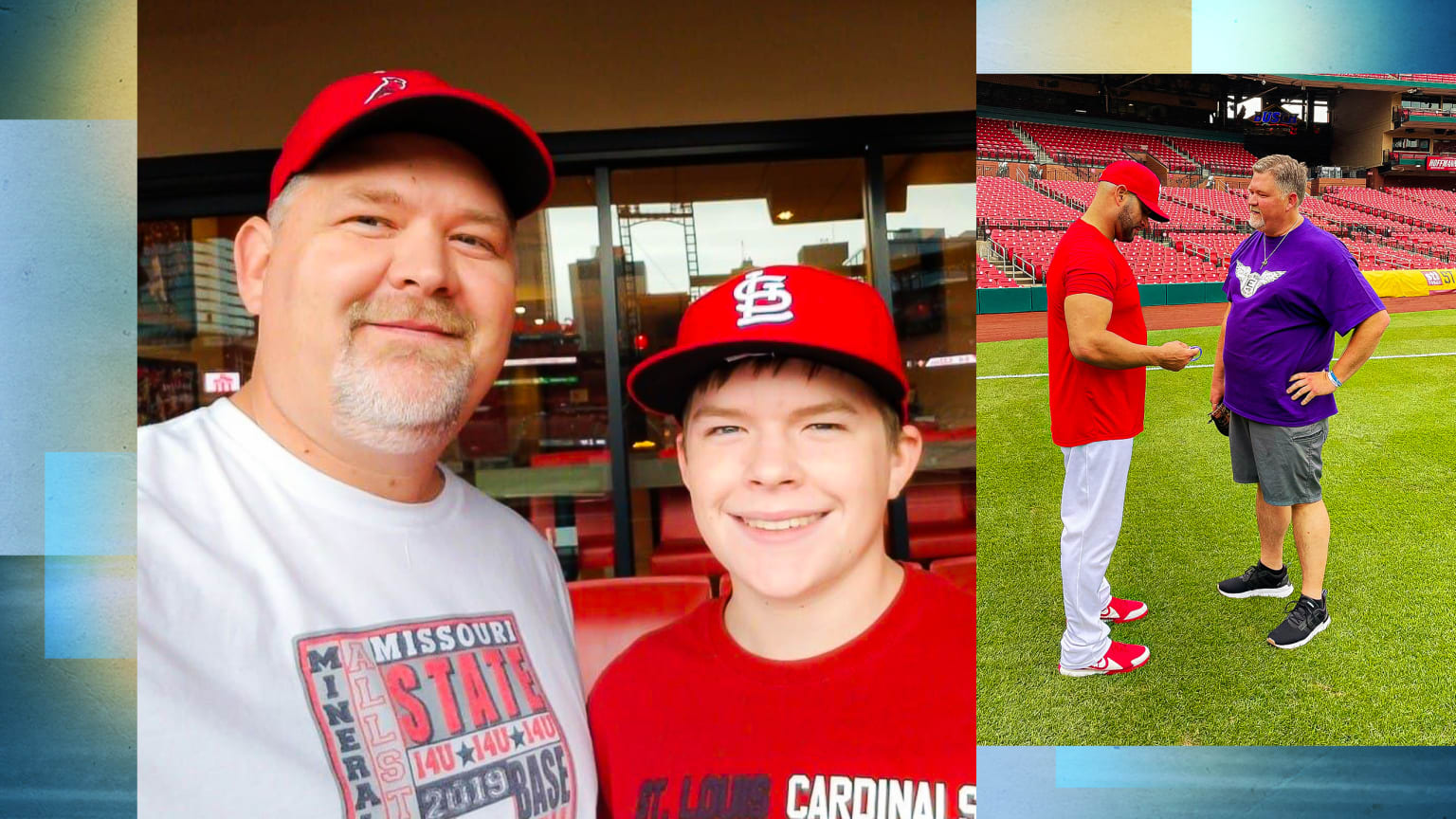 A father and son photo on the left; Albert Pujols with the father on the right