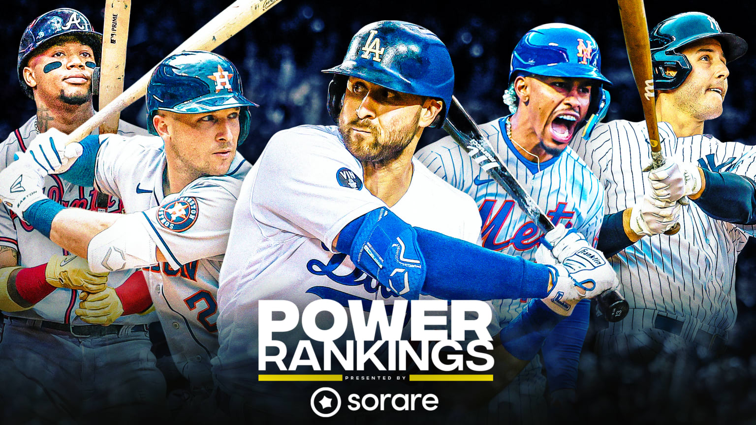 Five hitters, from the Braves, Astros, Dodgers, Mets and Yankees, shown behind the words ''POWER RANKINGS'' in the lower center