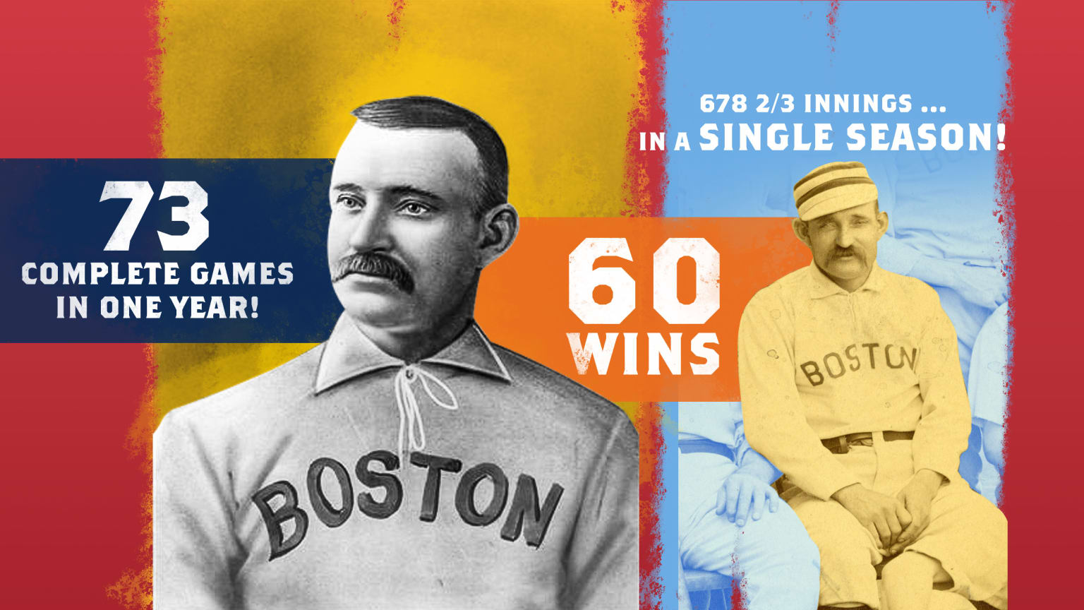 A photo illustration shows two images of Old Hoss Radbourn with some of his statistics displayed