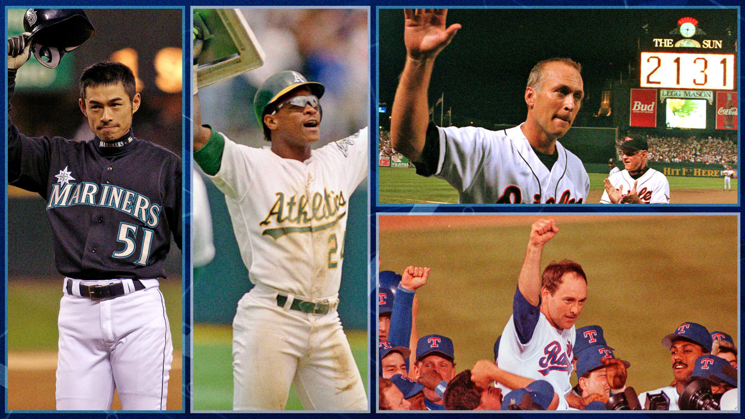 Ichiro Suzuki, Rickey Henderson, Cal Ripken Jr. and Nolan Ryan are pictured in a split photo