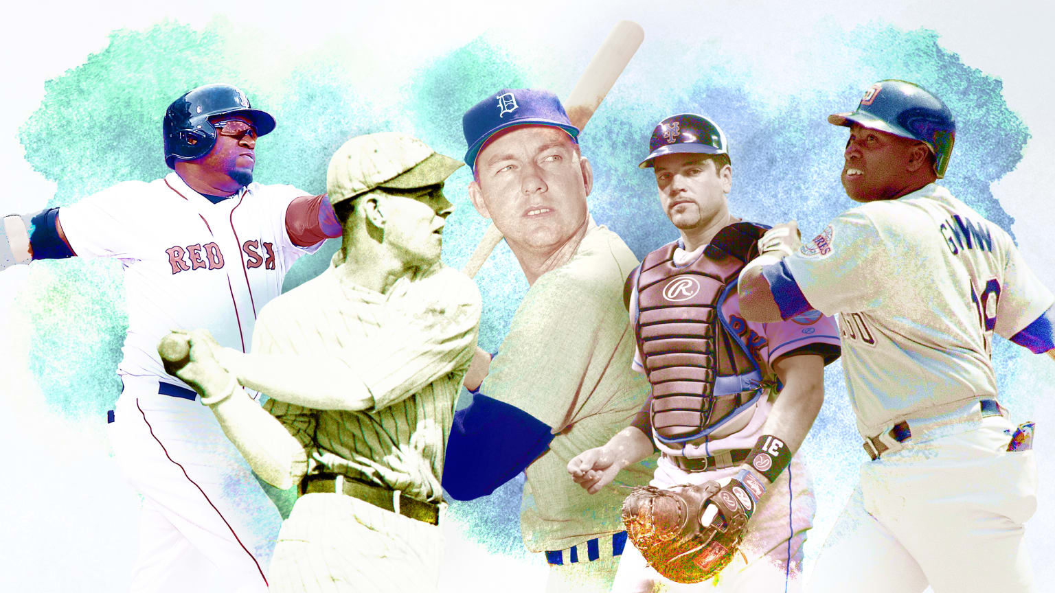 Artwork featuring David Ortiz, Mel Ott, Al Kaline, Mike Piazza and Tony Gwynn