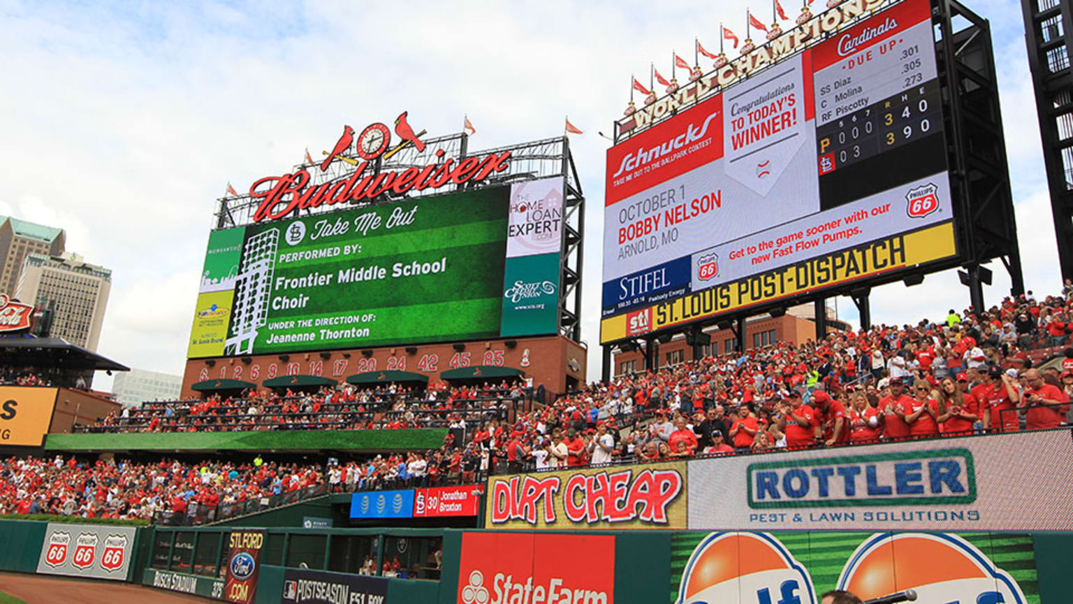 The Busch Stadium scoreboard is seen following a baseball game between the  St. Louis Cardinals and