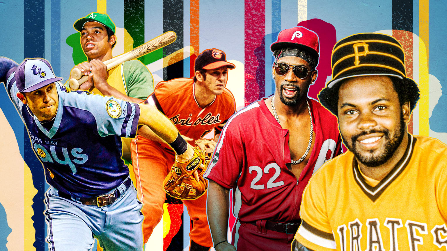 Five players are pictured wearing colorful uniforms