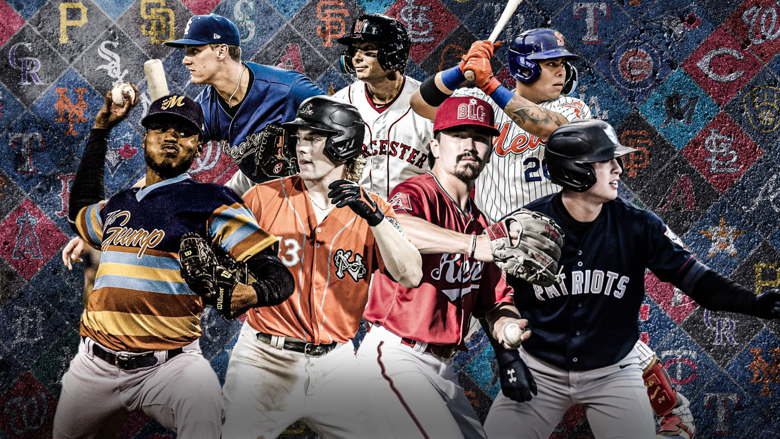 7 players in a cluster against a background of MLB team logos