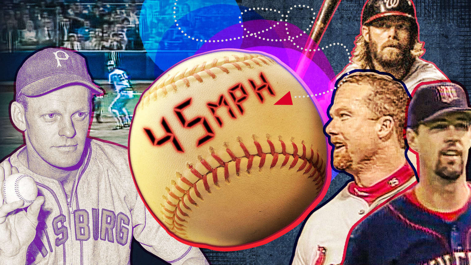 A photo illustration shows various players around a baseball with the text 45 mph on it