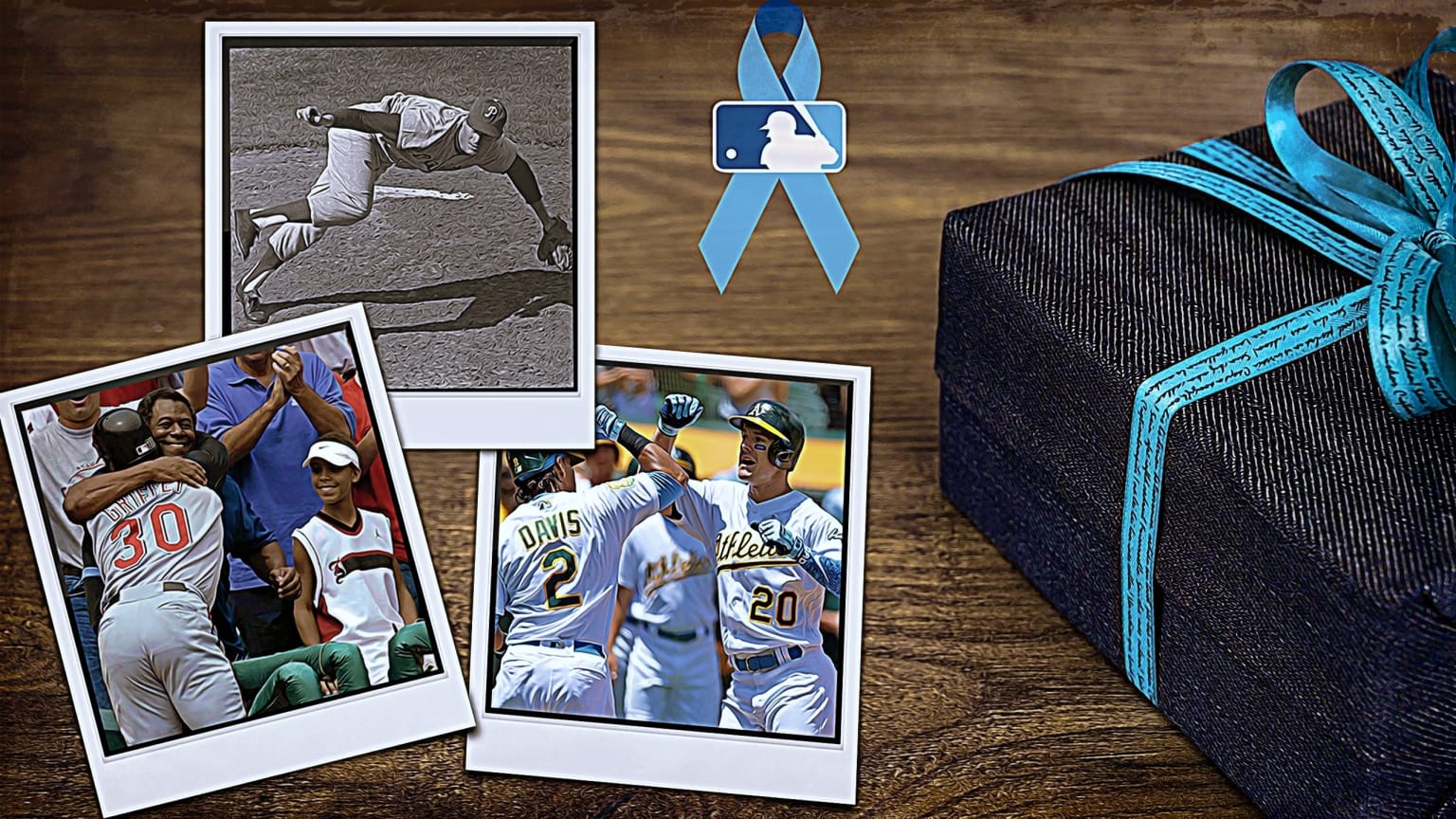 Designed artwork shows three polaroid photos featuring multiple players