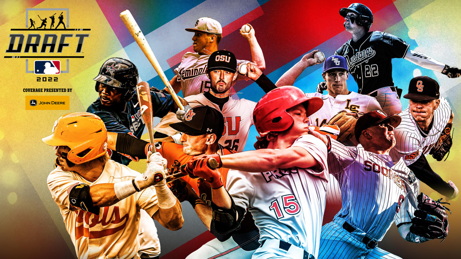 10 drafted players performing various baseball actions against a colorful background 