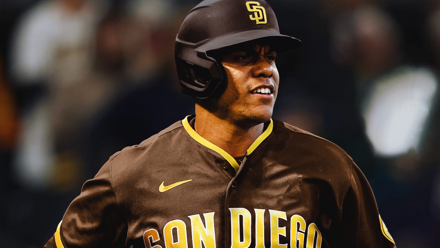 Juan Soto depicted in a Padres helmet and jersey