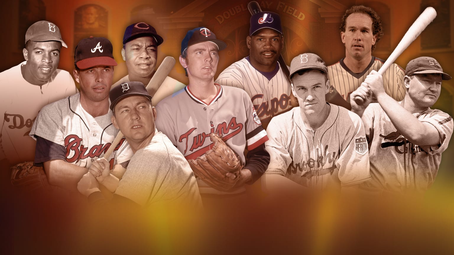 A photo illustration shows nine Hall of Famers in front of Hall of Fame plaques and Doubleday Field in Cooperstown