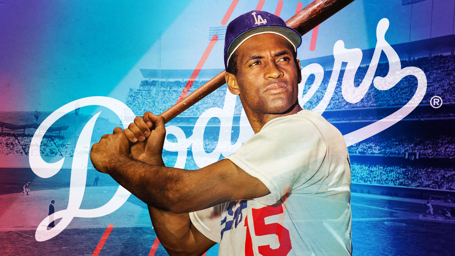 A photo of Roberto Clemente in a batting pose showing what he would've looked like wearing a Dodgers uniform