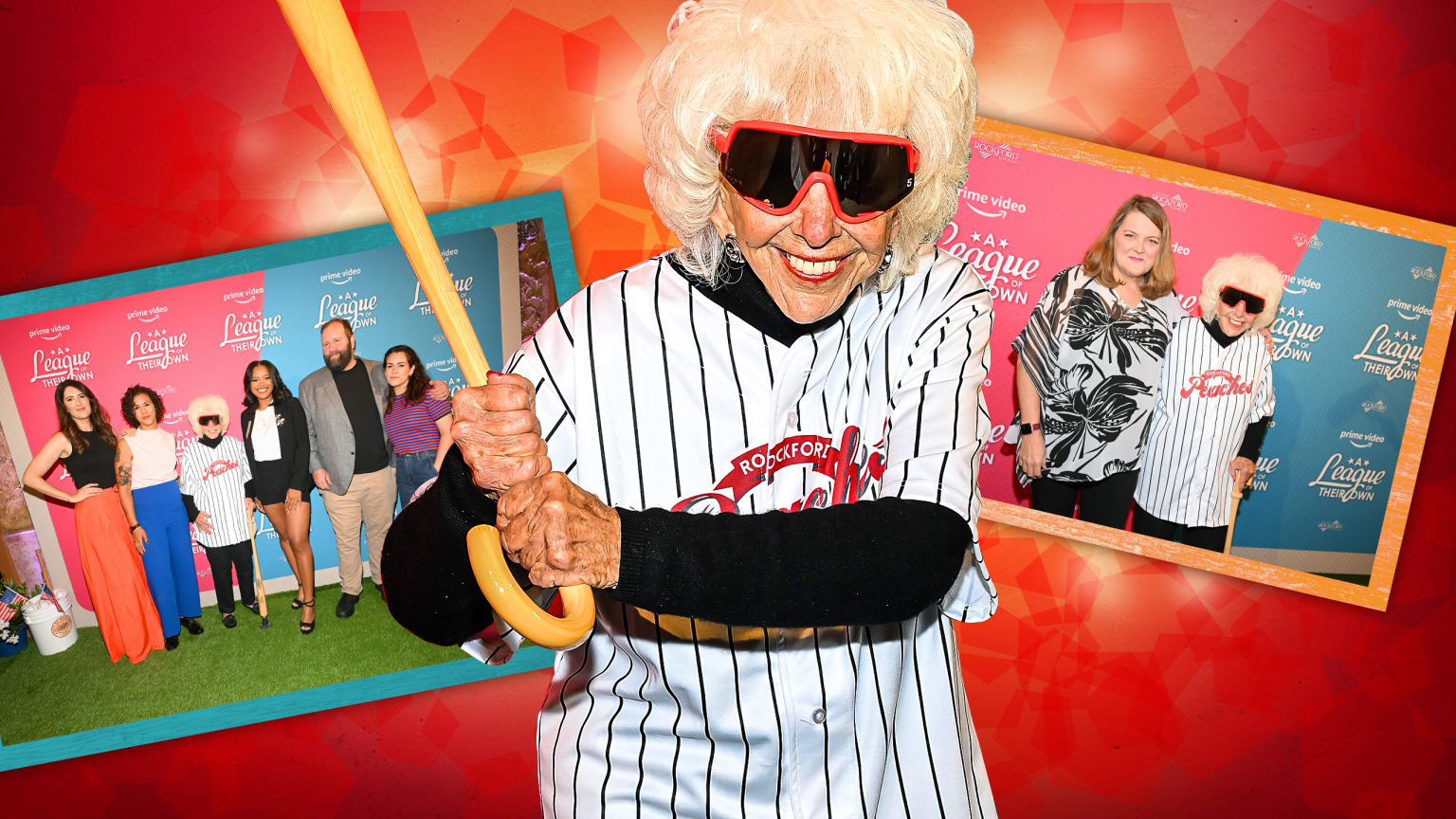 A smiling Maybelle Blair holds her baseball-bat cane, flanked by two photos of her at the premiere for ''A League of Their Own''