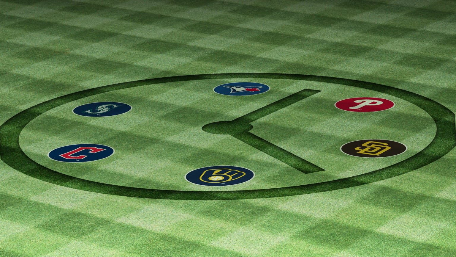 A graphic showing a clock as if mowed into the outfield grass and the logos of the Phillies, Padres, Brewers, Guardians, Mariners and Blue Jays spaces out like numbers on the clock face