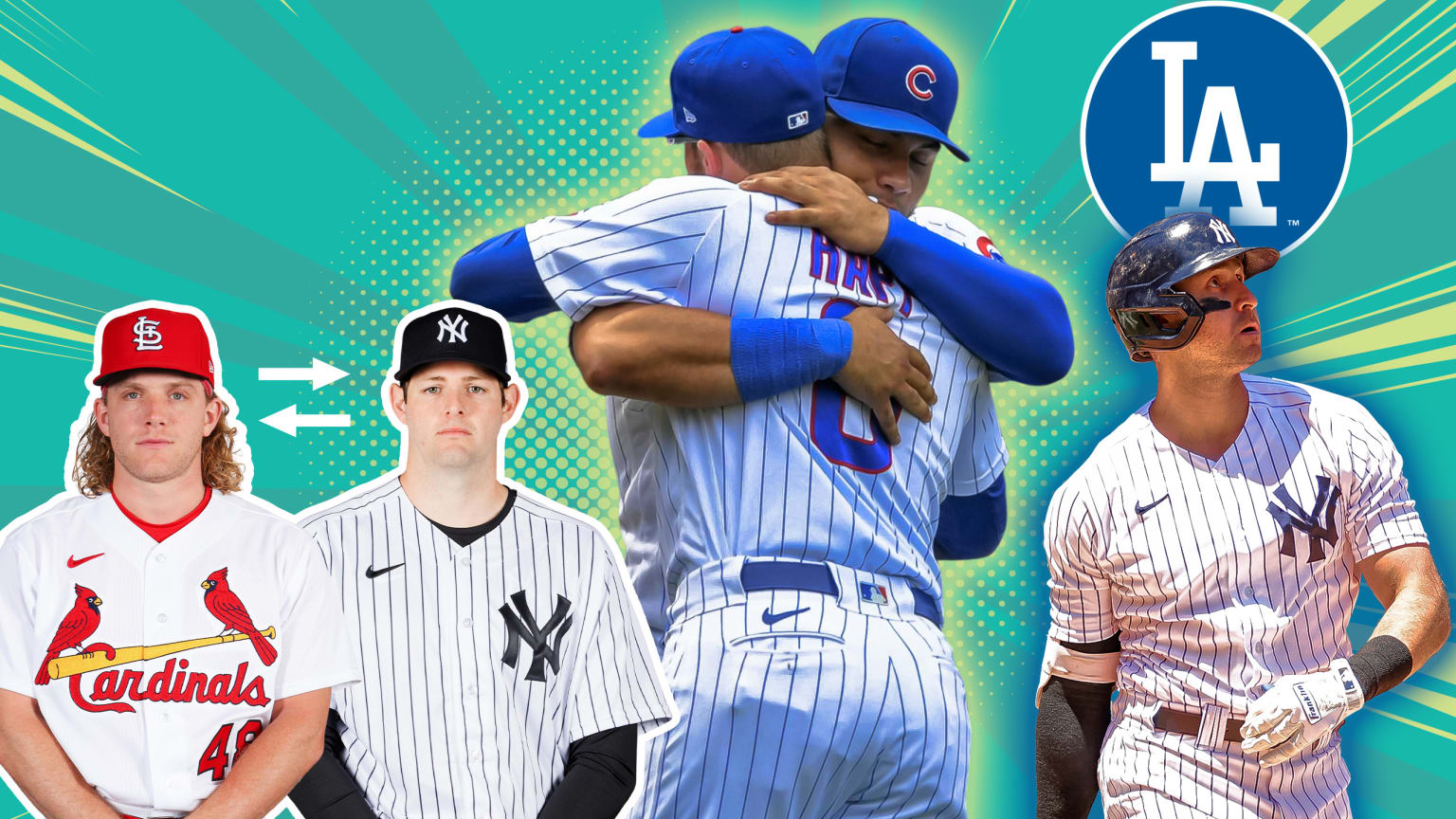 A photo collage showing a Cardinals player and a Yankees player with arrows between them, one pointing right and one left; plus two Cubs players hugging; finally, a Yankee batter on his follow through with a Dodgers logo above him