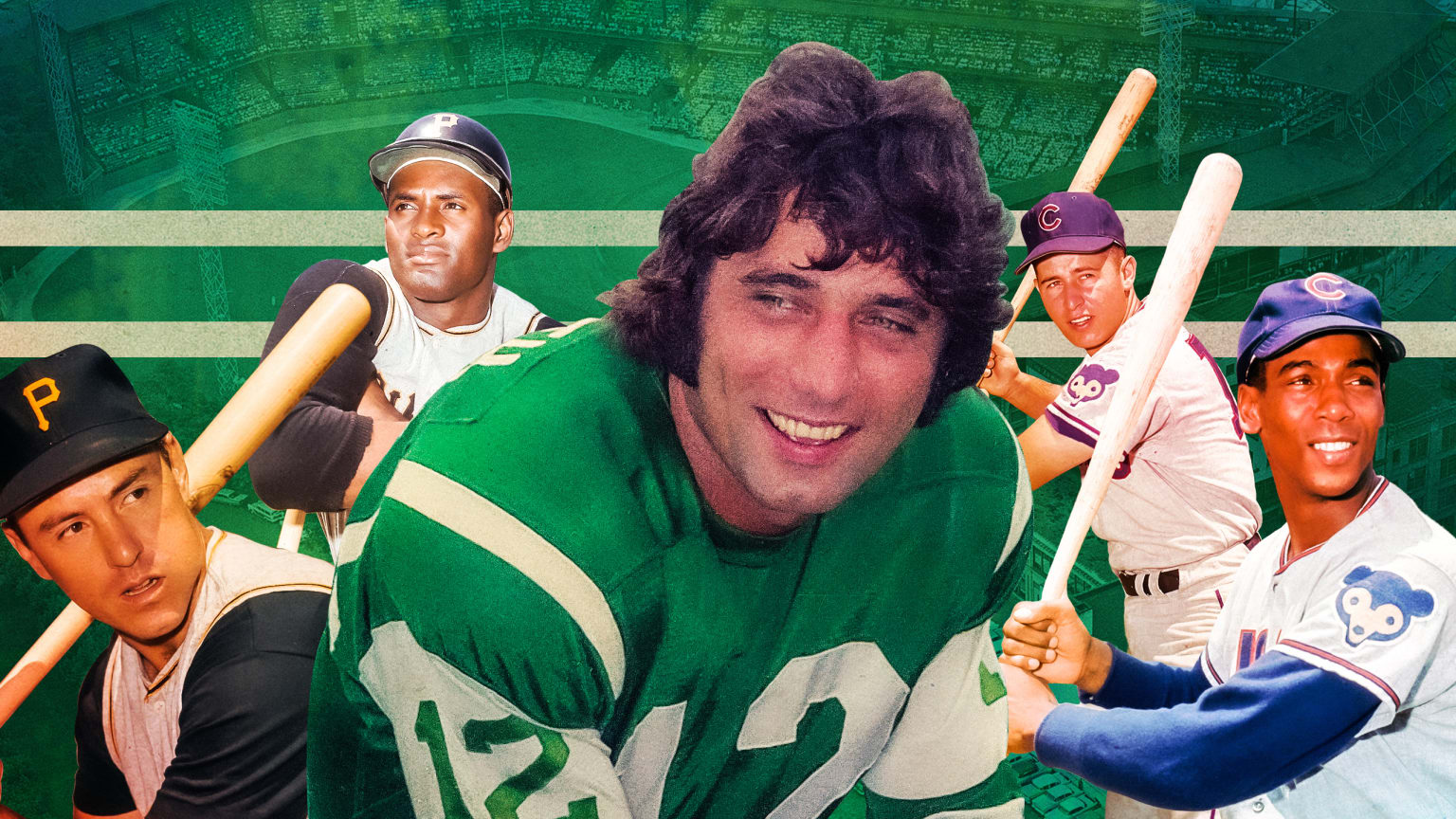 Joe Namath is pictured with four baseball players around him