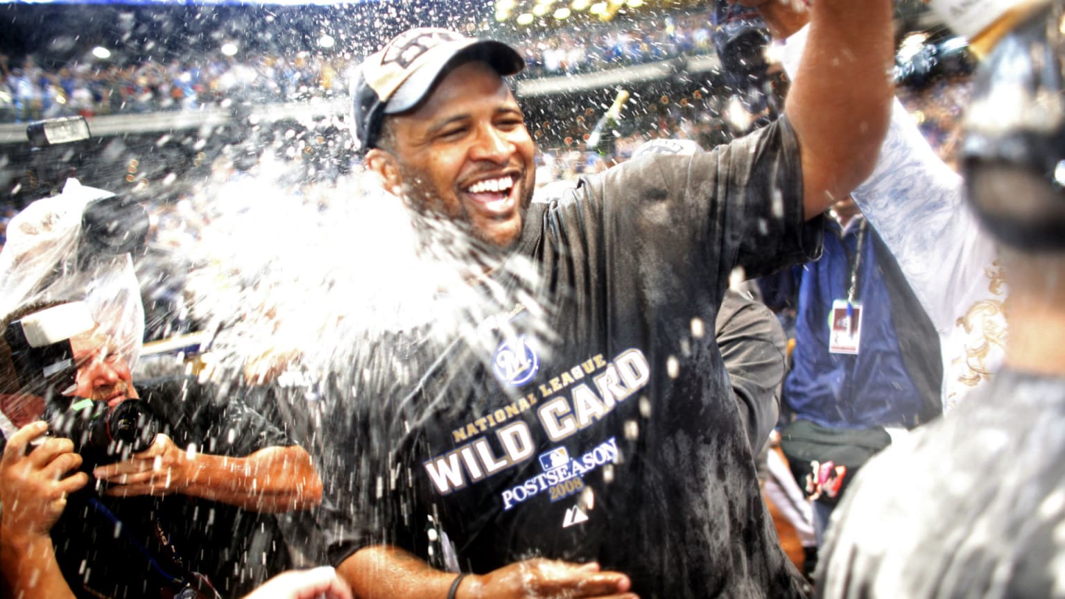 Pitcher CC Sabathia celebrating as a member of the Brewers in 2008