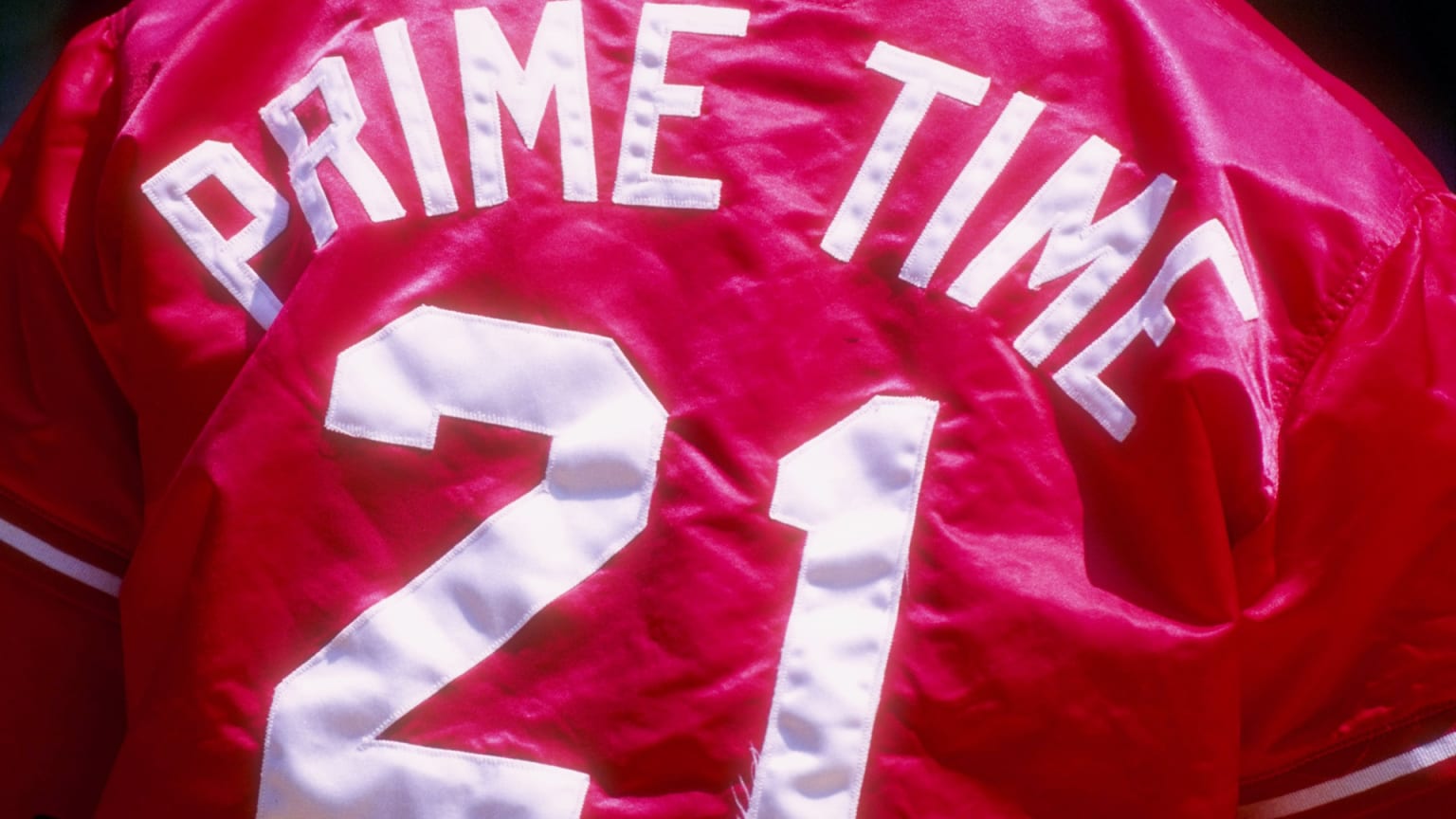 The words Prime Time and the number 21 are shown on the back of Deion Sanders' jersey