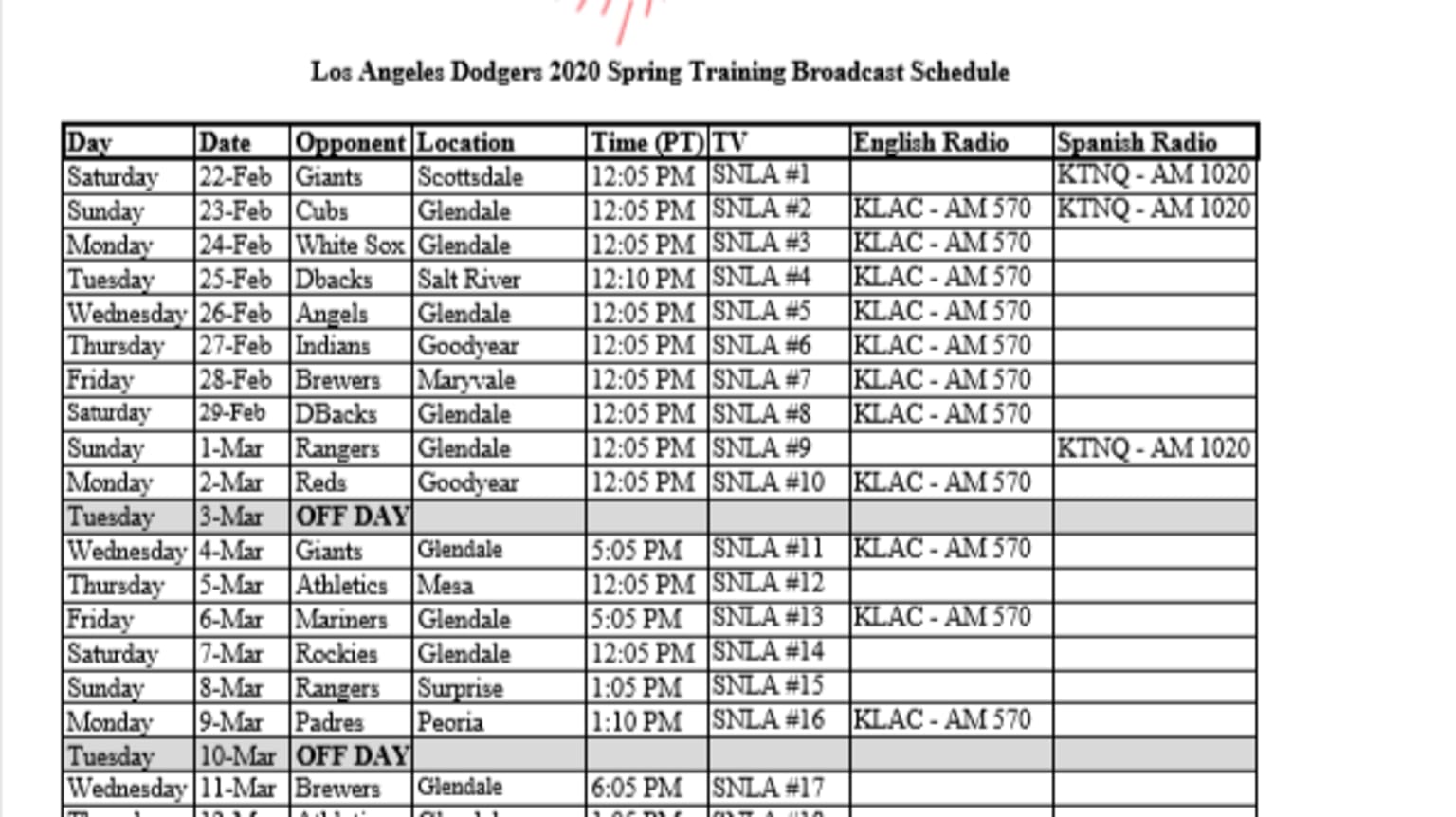 La Dodgers Spring Training Schedule 2027