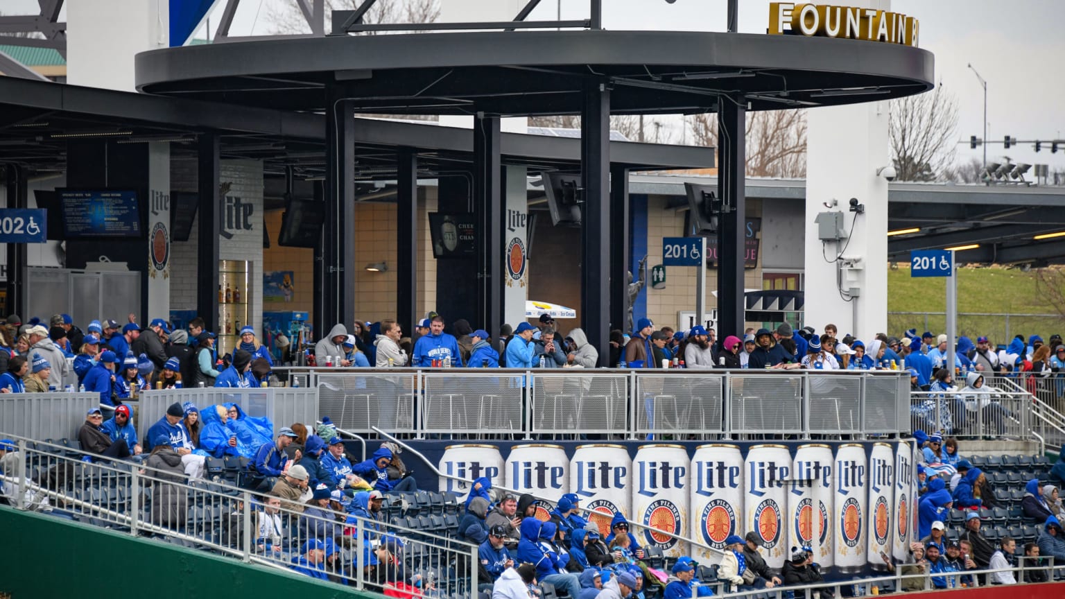 the water fountains at the pepsi porch; right field section of kauffman  stadium: kansas city, missouri