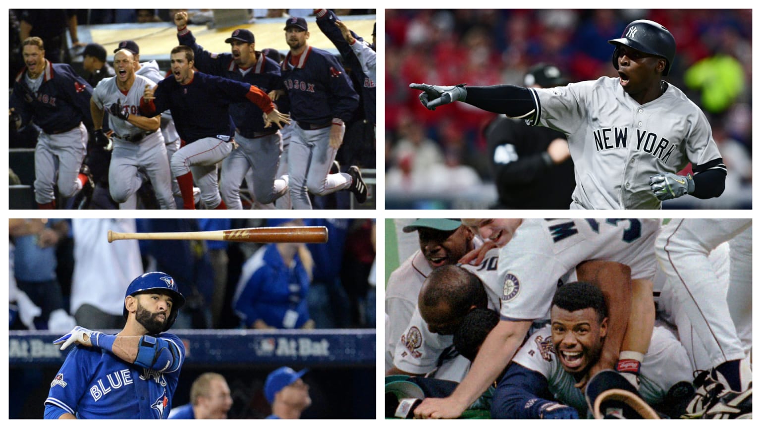 A split photo shows four different shots of baseball players celebrating