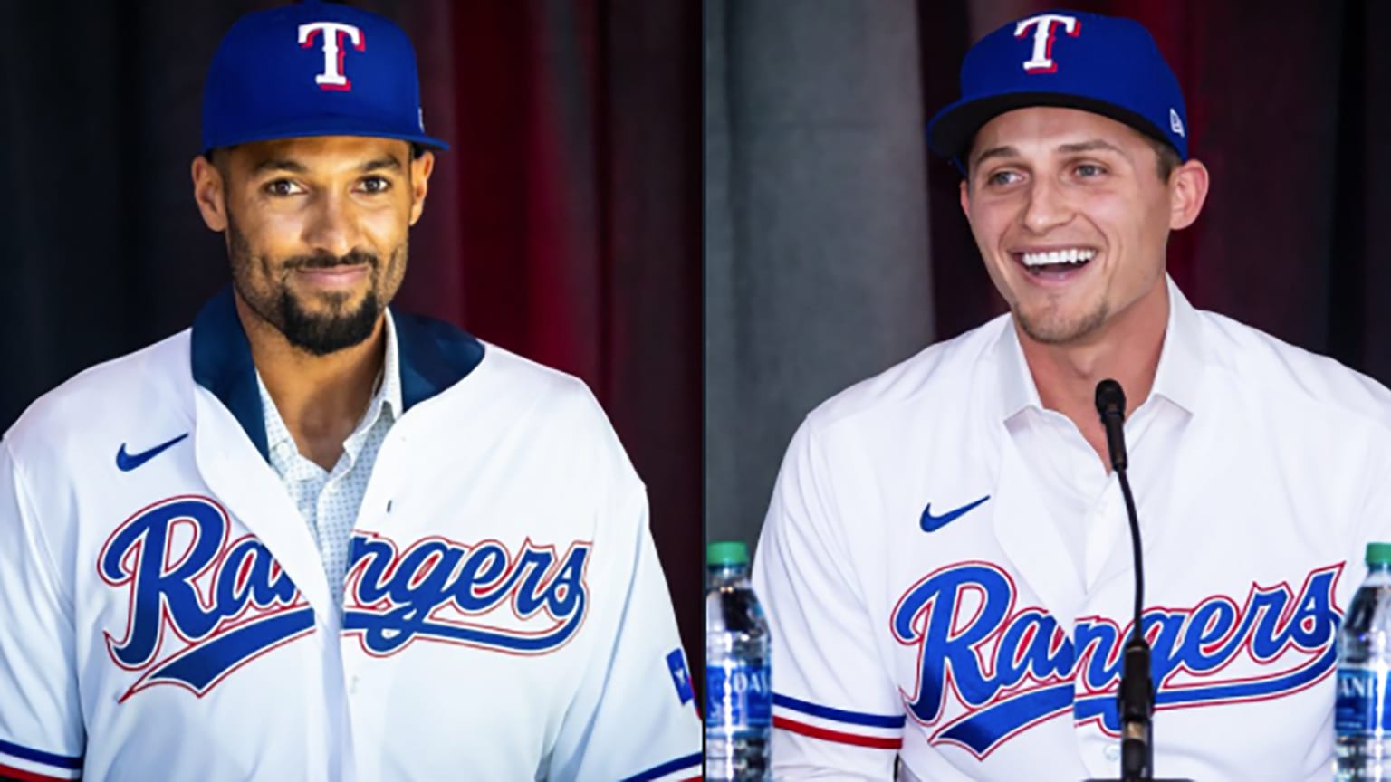 Marcus Semien and Corey Seager in Rangers uniforms youngster with an almost identical stance