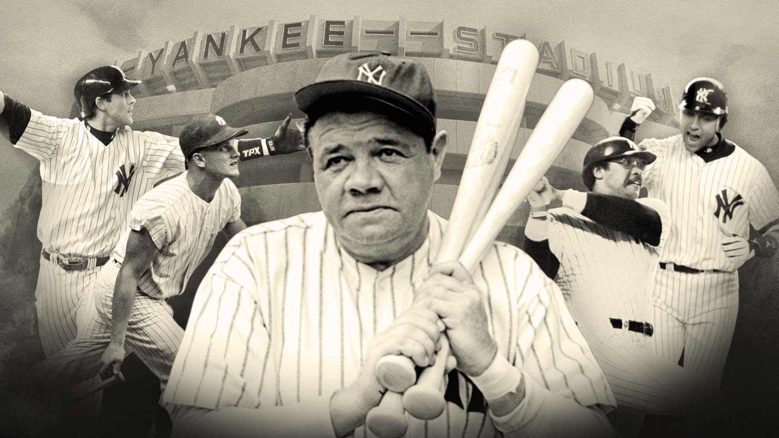 A photo illustration of Aaron Boone, Roger Maris, Babe Ruth, Reggie Jackson and Derek Jeter in front of an exterior shot of Yankee Stadium