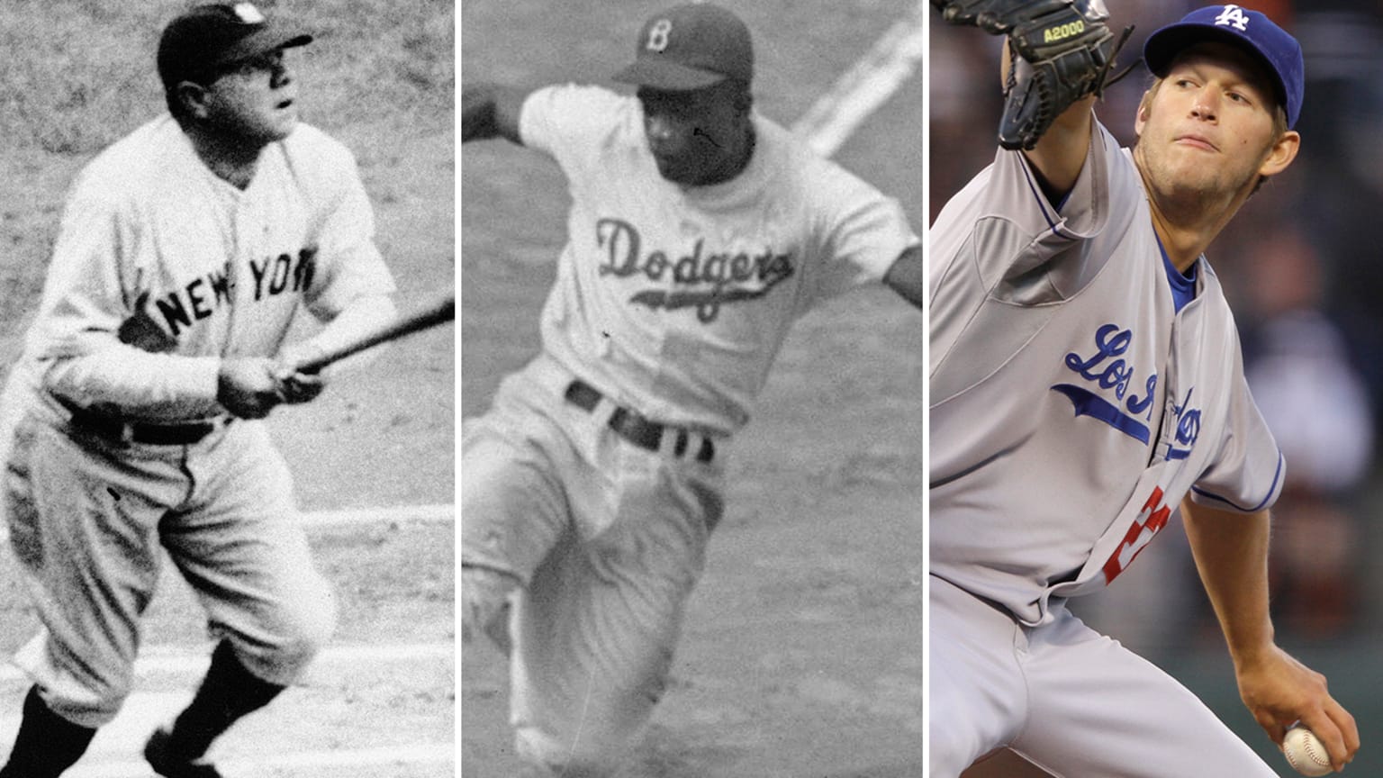 A split photo shows Babe Ruth, Jackie Robinson and Clayton Kershaw