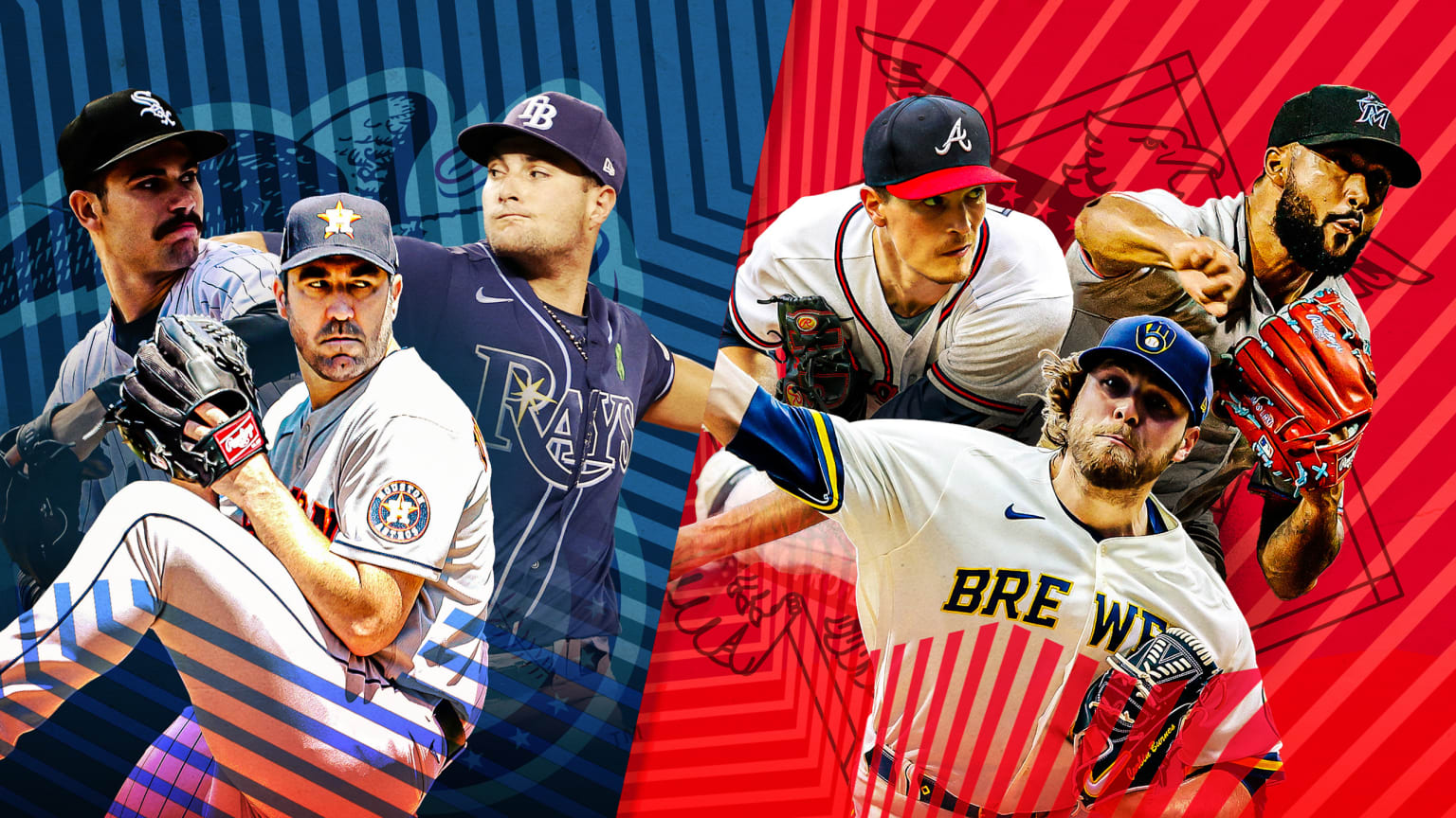 3 American League pitchers on a blue background on the left; 3 National League pitchers on a red background on the right