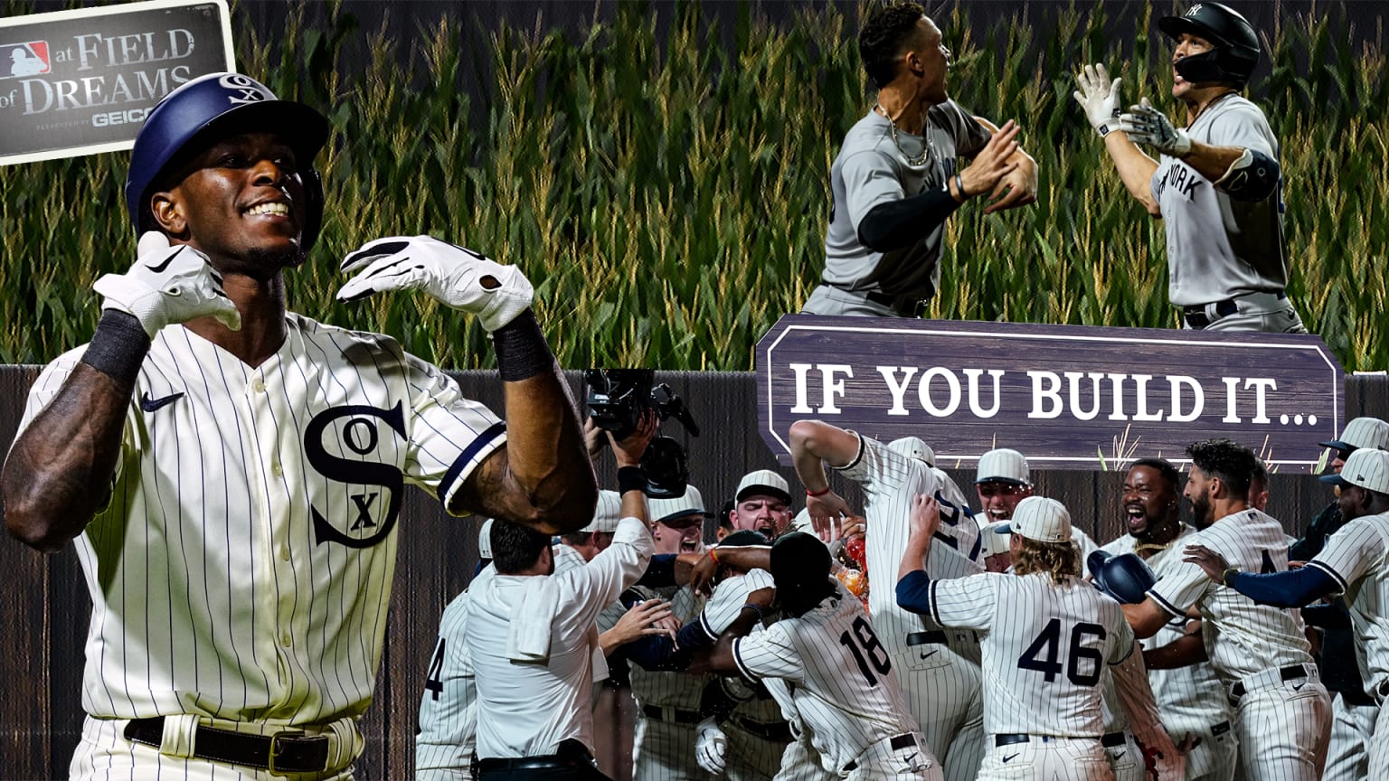 A collage of images, including Tim Anderson gesturing toward his face, a mob of White Sox celebrating and two Yankees leaping, all against a background of corn