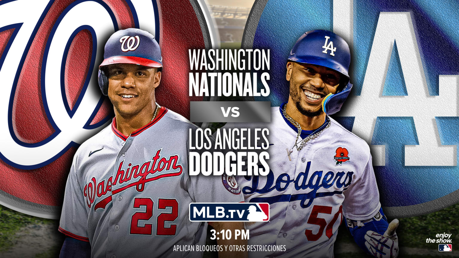 Juan Soto on the left in front of a large Nationals ''W'' logo; Mookie Betts on the right in front of a large Dodgers ''LA'' logo