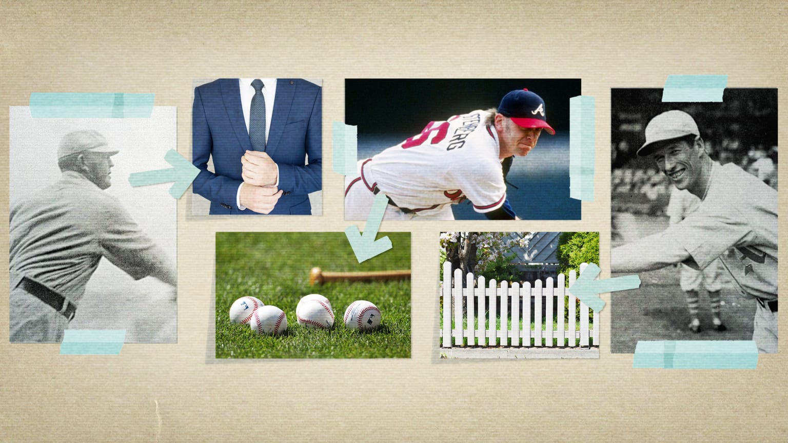 A photo illustration of 3 images of baseball players with arrows pointing to a man's suit, four baseballs on the grass, and a fence