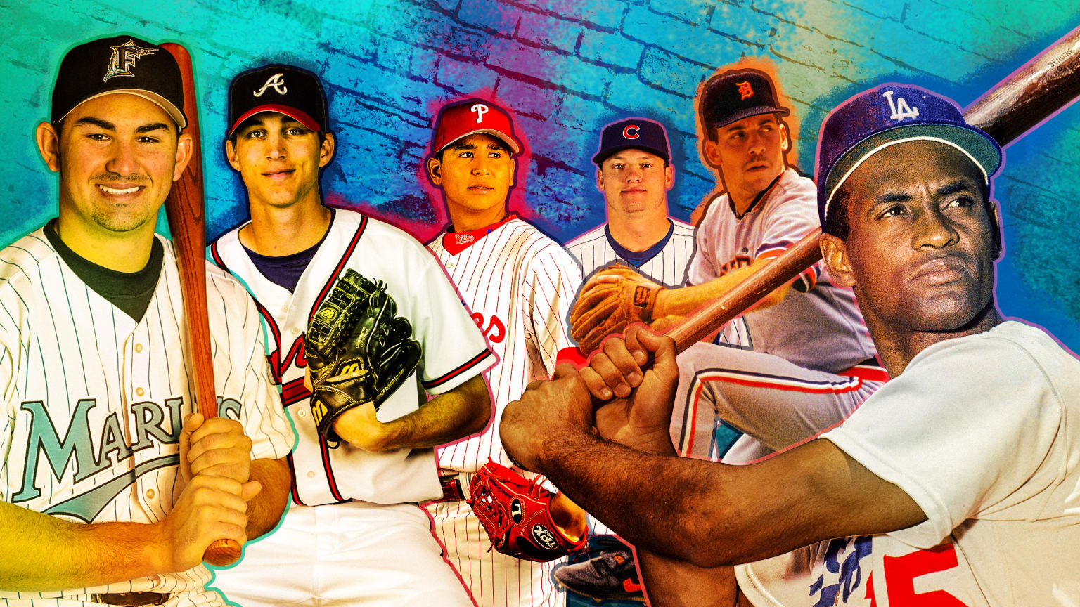 Group of baseball players in front of brick wall, outlined in bright colors