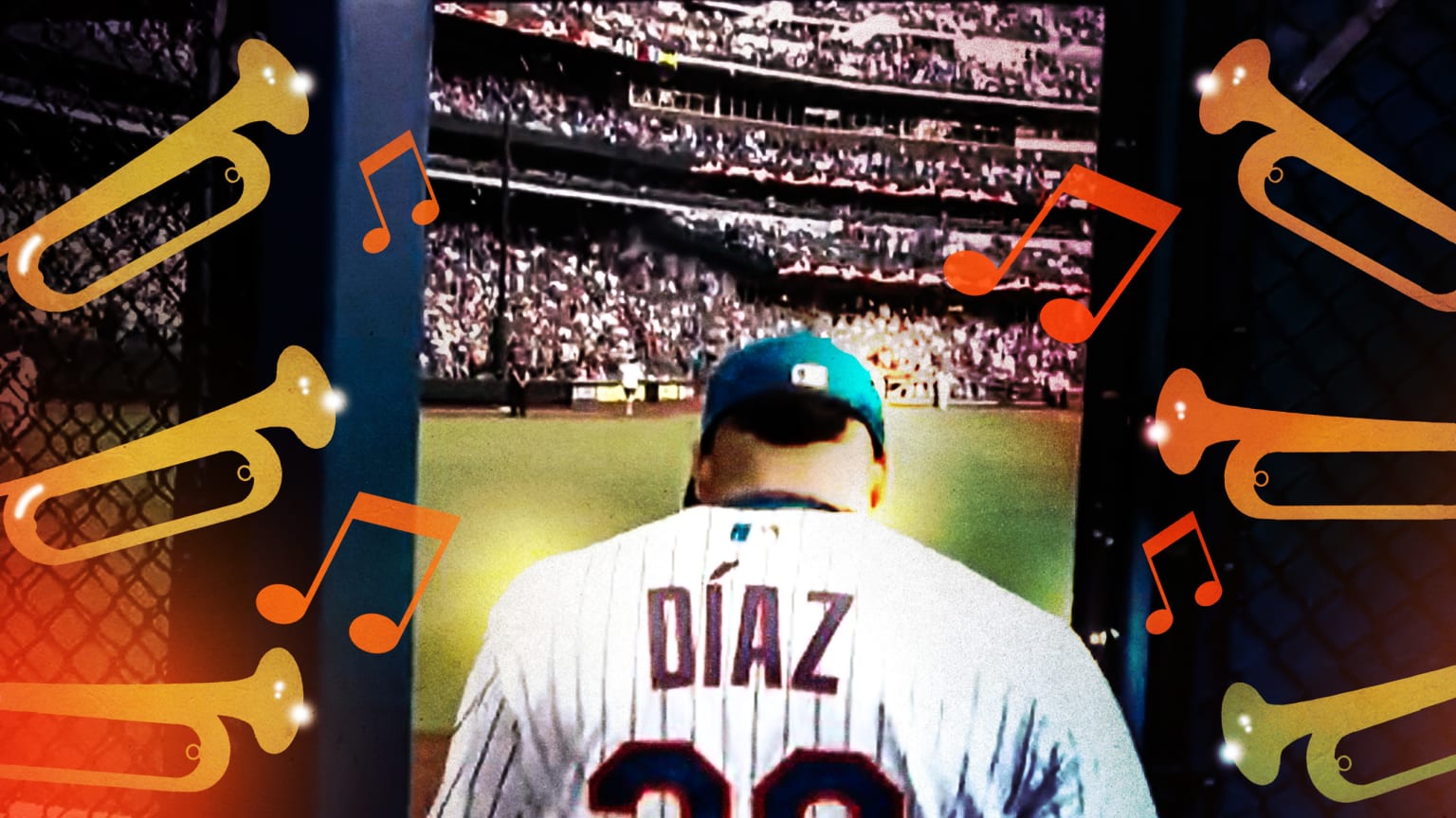 A photo of the back of Mets pitcher Edwin Diaz as he leaves the bullpen for the field, surrounded by graphics of trumpets and musical notes