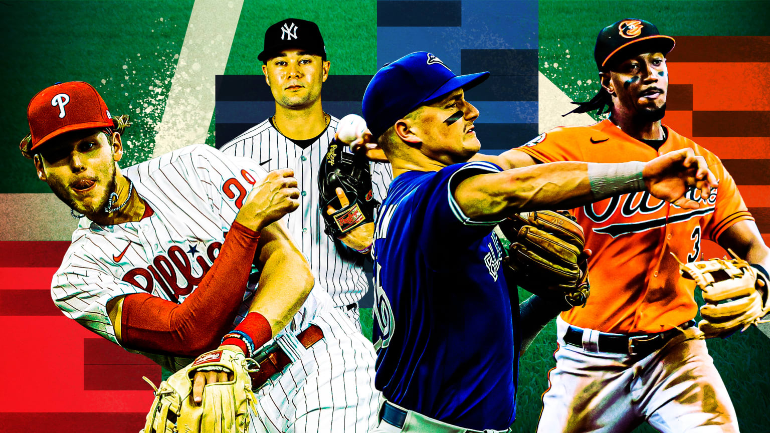 Players for the Phillies, Yankees, Blue Jays and Orioles against a multicolored background that matches their teams' primary colors: Red, navy blue, royal blue and orange, plus some green