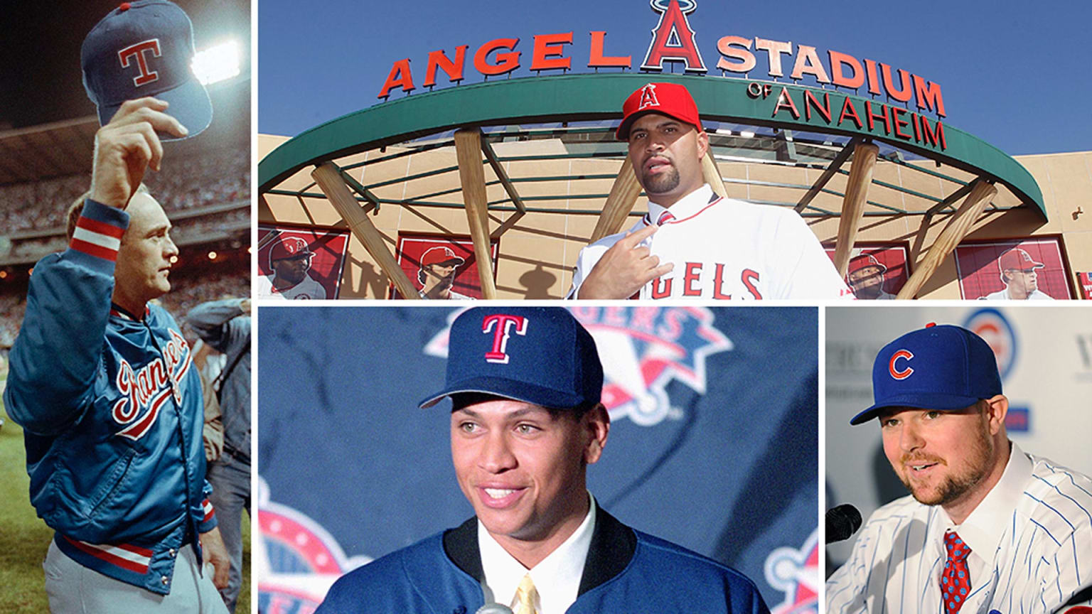 A photo collage features Nolan Ryan, Albert Pujols, Alex Rodriguez and Jon Lester