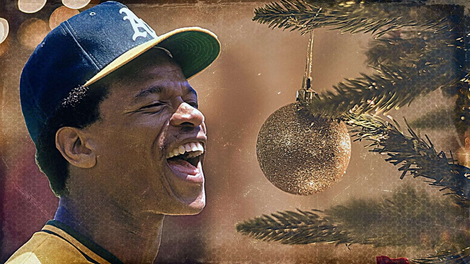 Rickey Henderson in an A's uniform next to a Christmas tree ornament