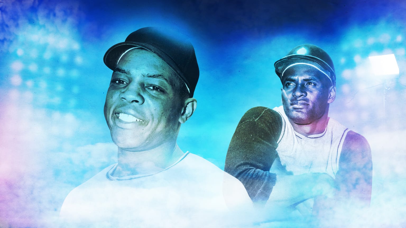 Portraits of Willie Mays and Roberto Clemente with a smoke effect and a blue tint